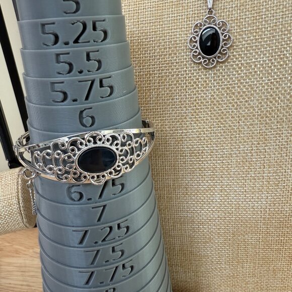 Silver-Tone Bracelet & Pendant Necklace Set With Black Oval Stones, Mourning - Picture 11 of 14